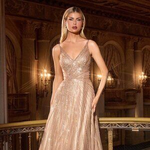 New Long A-Line Prom Sleeveless Beaded Dress w/ V-neck & Zipper Back CD CC474